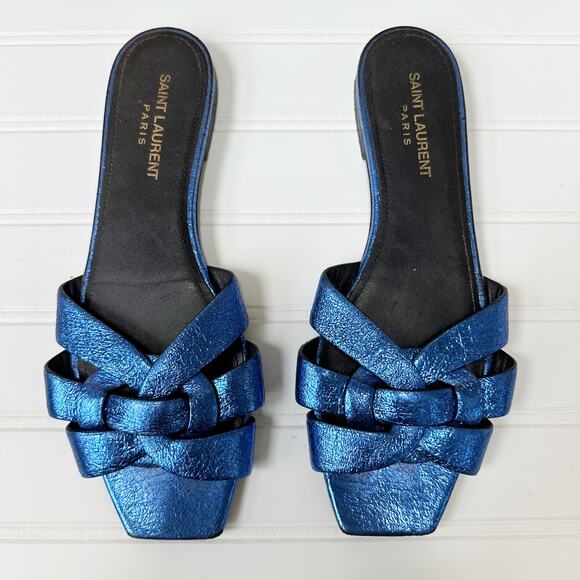 Saint Laurent Tribute Nu Pieds Flat Sandals Blue Metallic Leather Slides 38.5 - Picture 1 of 10